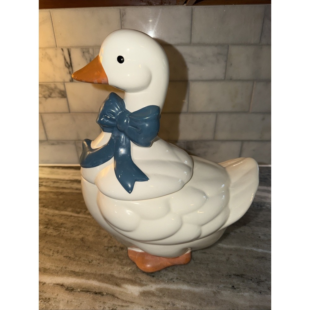 Vintage Mother Goose Ceramic Cookie Jar Blue Ribbon Bow Orange Feet Cottage Core